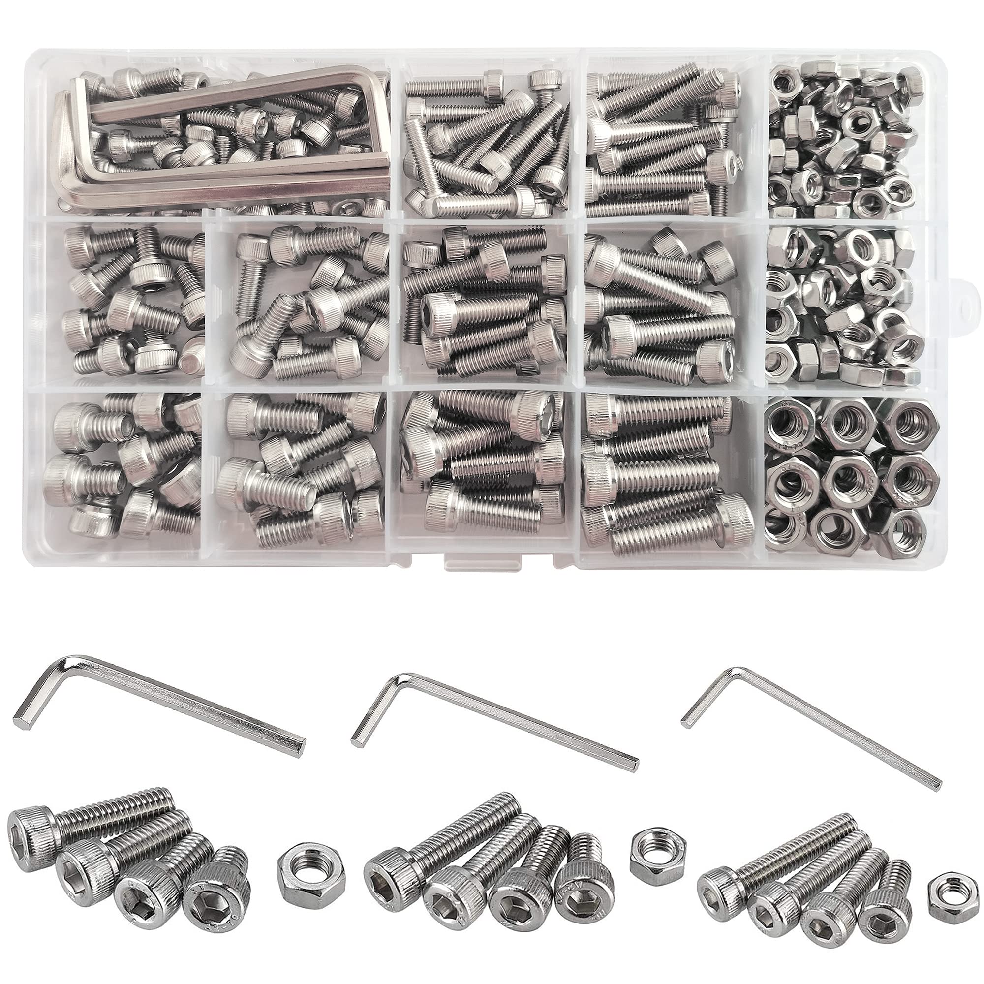 WeqeYent 267 Pcs M4 M5 M6 Hex Socket Bolts Screws Bolt Nut Assortment Kit, 304 Stainless Steel with 3 Sizes Wrenches Head Drive Machine Screws Bolts and Nuts Set — image 1