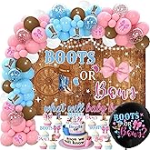 Boots or Bows Gender Reveal Decorations – Blue Pink Brown Balloon Arch Kit with 36" Black Confetti Balloon, Boots or Bows Western Backdrop, Baby Gender Reveal & Baby Shower Party Supplies