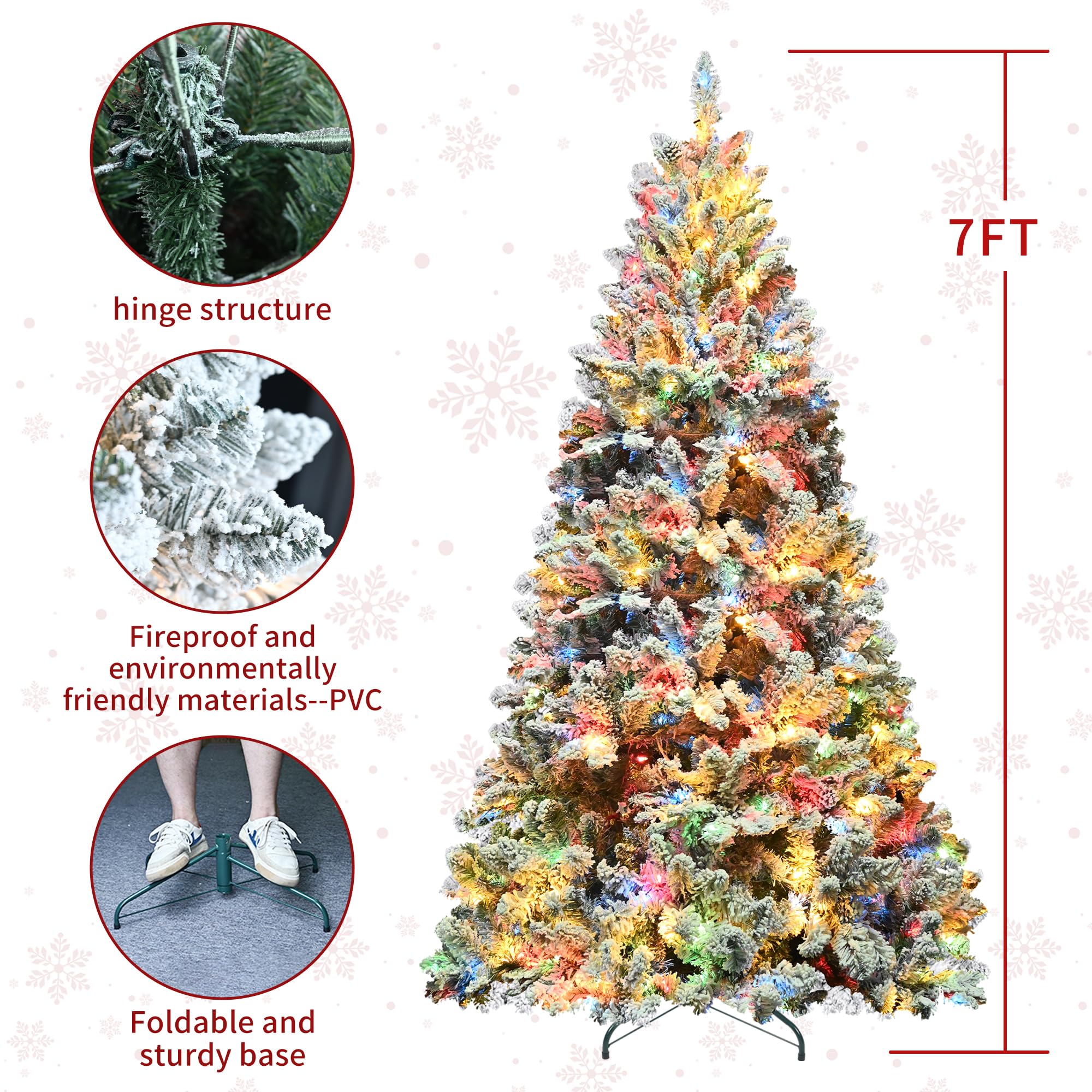 7FT Pre-Lit Christmas Tree with 500 Multicolor Lights, Realistic Snow Flocked Artificial Pine Trees with Pine Cones & Premium PVC, Sturdy Foldable Metal Stand, Easy Assembly Hinged Design