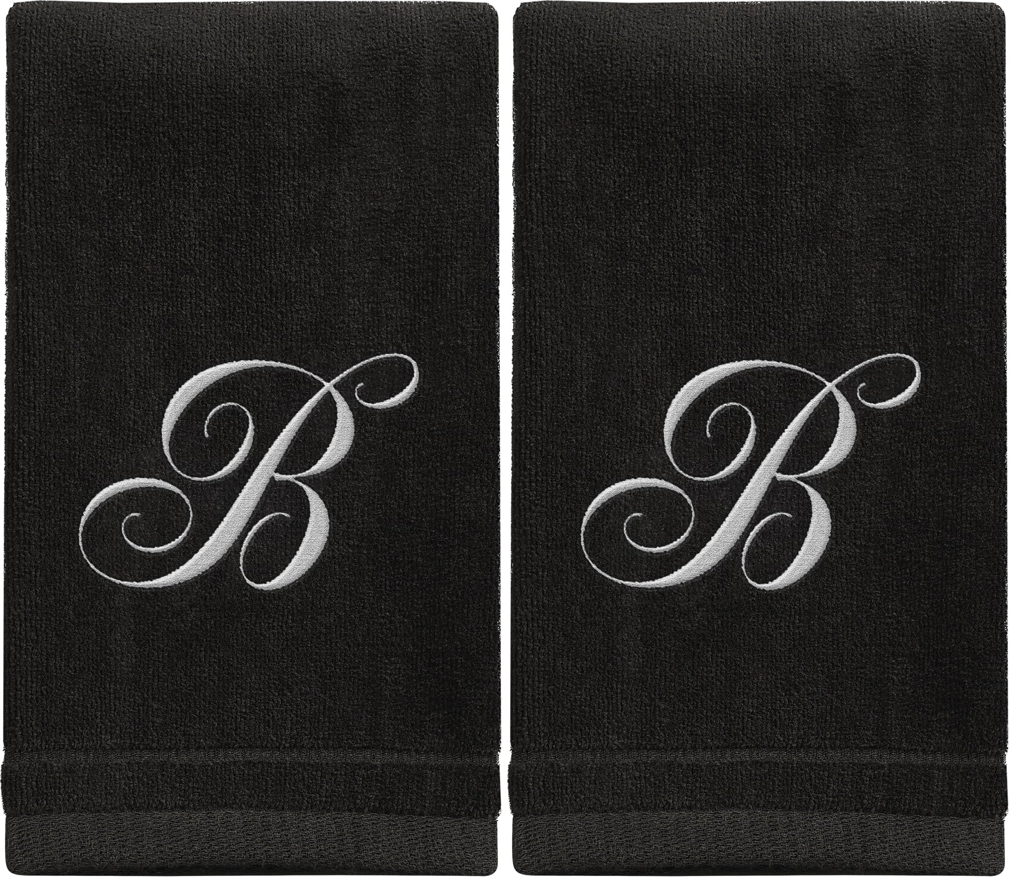 Photo 1 of Monogrammed Towels Fingertip, Personalized Gift, 11 x 18 Inches - Set of 2 White Embroidered Towel - Extra Absorbent 100% Cotton - Soft Velour Finish - For Bathroom/ Kitchen/ Spa - Initial B (Black)
