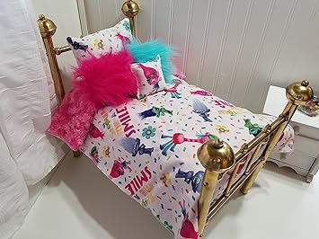 18 Doll Bedding Set Fits American Girl Dolls Pink And Aqua Trolls Comforter With Reversible