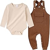 CARETOO Newborn Baby Boy Clothes Infant Boy Romper Fall Winter Outfits Bodysuit 2Pcs Striped Long Sleeve Top Overalls 0-18M