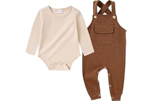 CARETOO Newborn Baby Boy Clothes Infant Boy Romper Fall Winter Outfits Bodysuit 2Pcs Striped Long Sleeve Top Overalls 0-18M