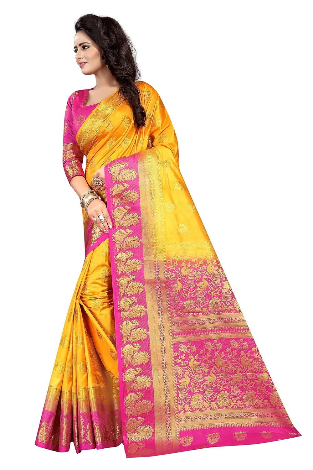 saarah women kanjivaram art silk saree (n4015yl, yellow)