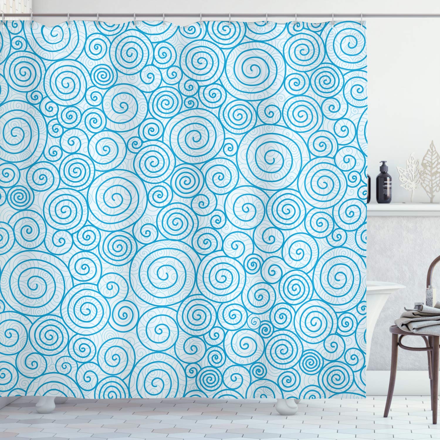 ABAKUHAUS Blue and White Shower Curtain, Abstract Swirls Ocean Sea Inspired Pattern in Modern Hand Drawn Style, Cloth Fabric Bathroom Decor Set with Hooks, 70 Inches, Blue and White