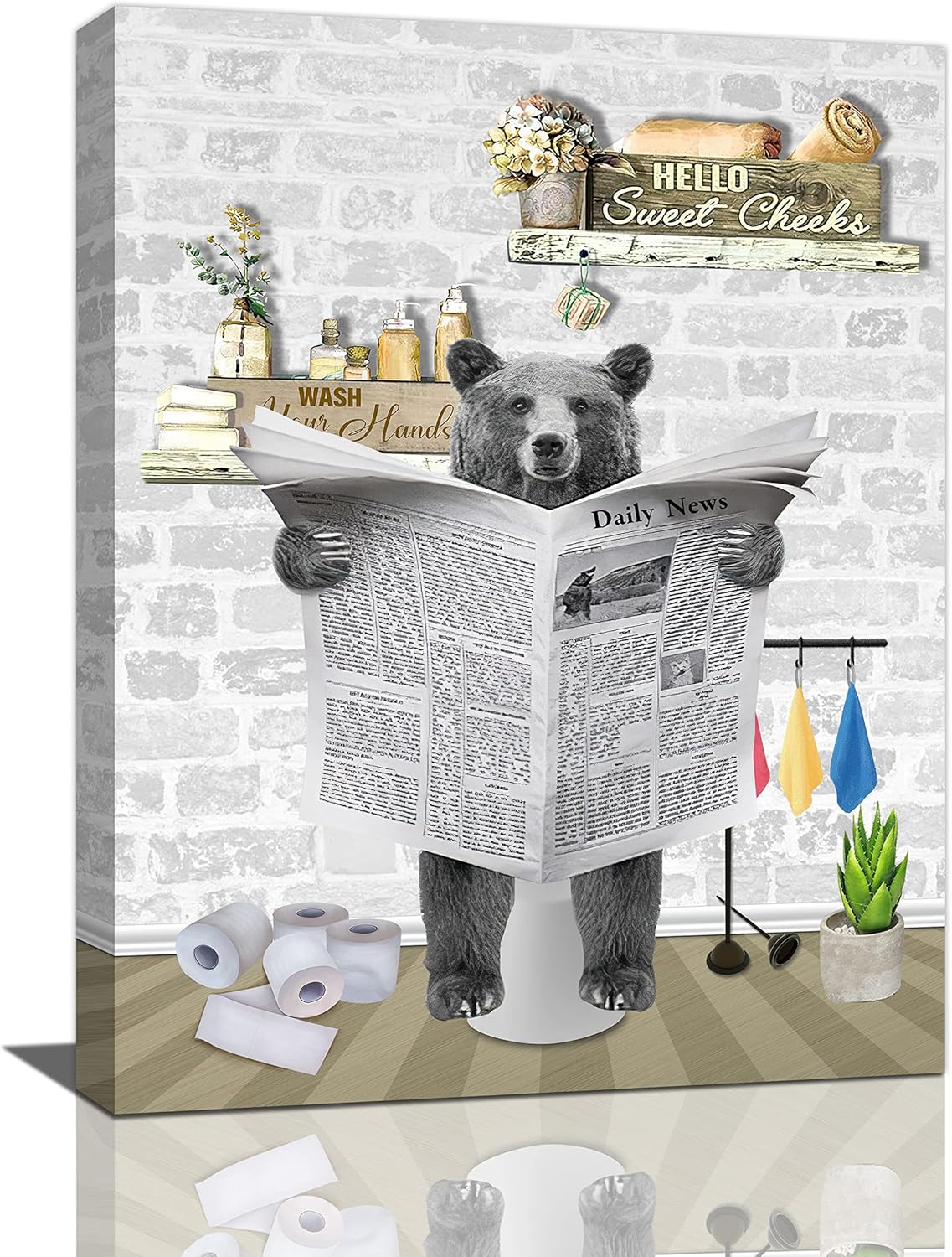 Paintings - Fuzawet Bear Bathroom Decor Wall Art Black on Toilet Reading Newspaper Canvas Funny Animal Pictures for Framed Modern Painting Artwork Decoration Ready to Hang 12x16 in Bear decor