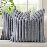 decorUhome Cozy Faux Fur Spring Throw Pillow Covers 18x18 Set of 2 Decorative Soft Plush Striped Modern Farmhouse Boho Couch Pillow Cases with Velvet Back for Sofa Bed Living Room, Grey