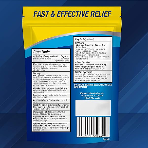 KAOPECTATE SOFT CHEWS, BISMUTH SUBSALICYLATE, ANTI-DIARRHEAL AND UPSET STOMACH RELIEVER – 24 COUNT