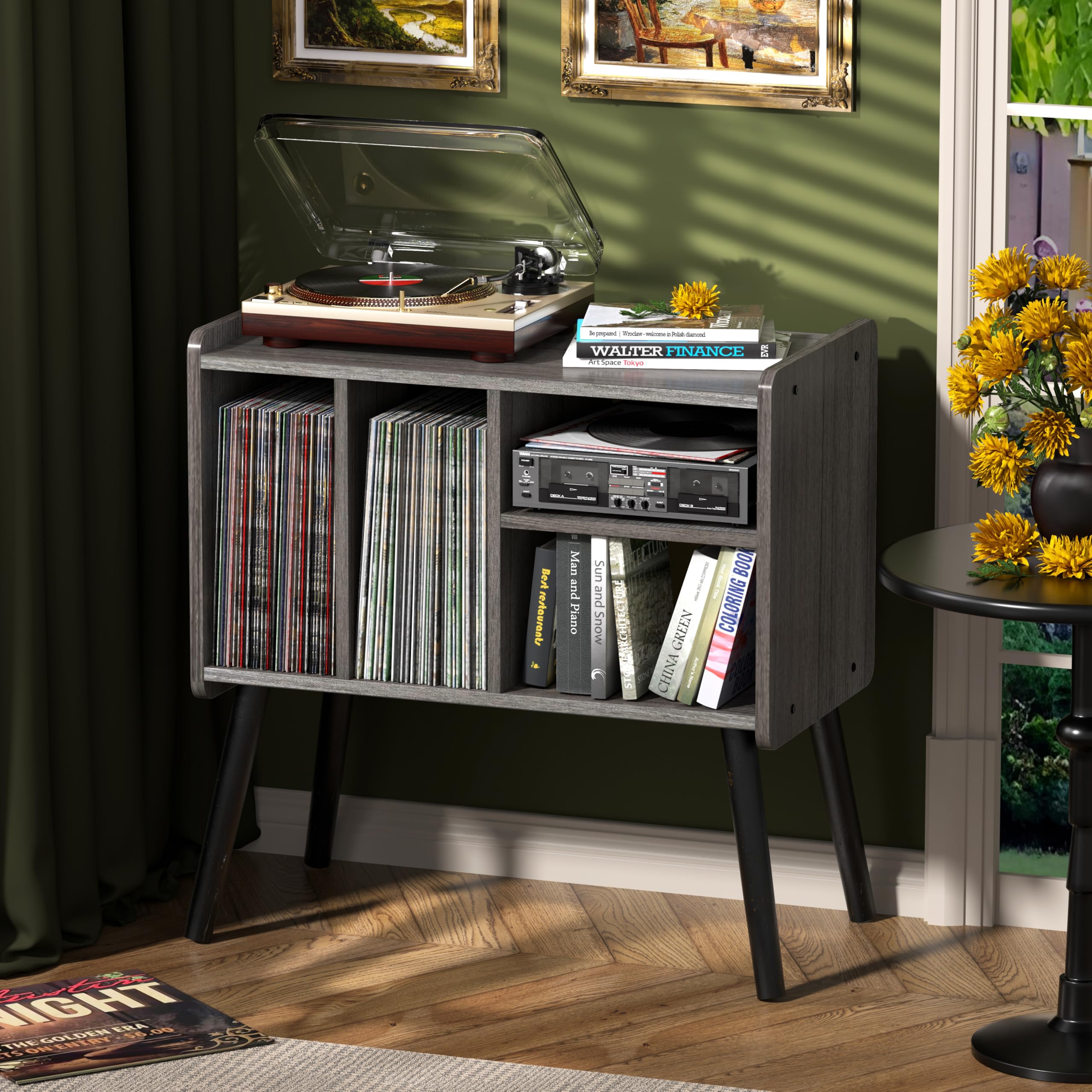 UODERS Plattenspielertisch, Plattenspielerständer aus der Mitte des Jahrhunderts mit Vinylaufbewahrung für bis zu 150+ Alben, Vinyl-Schallplattenschrank mit verstellbaren Regalen, Grau