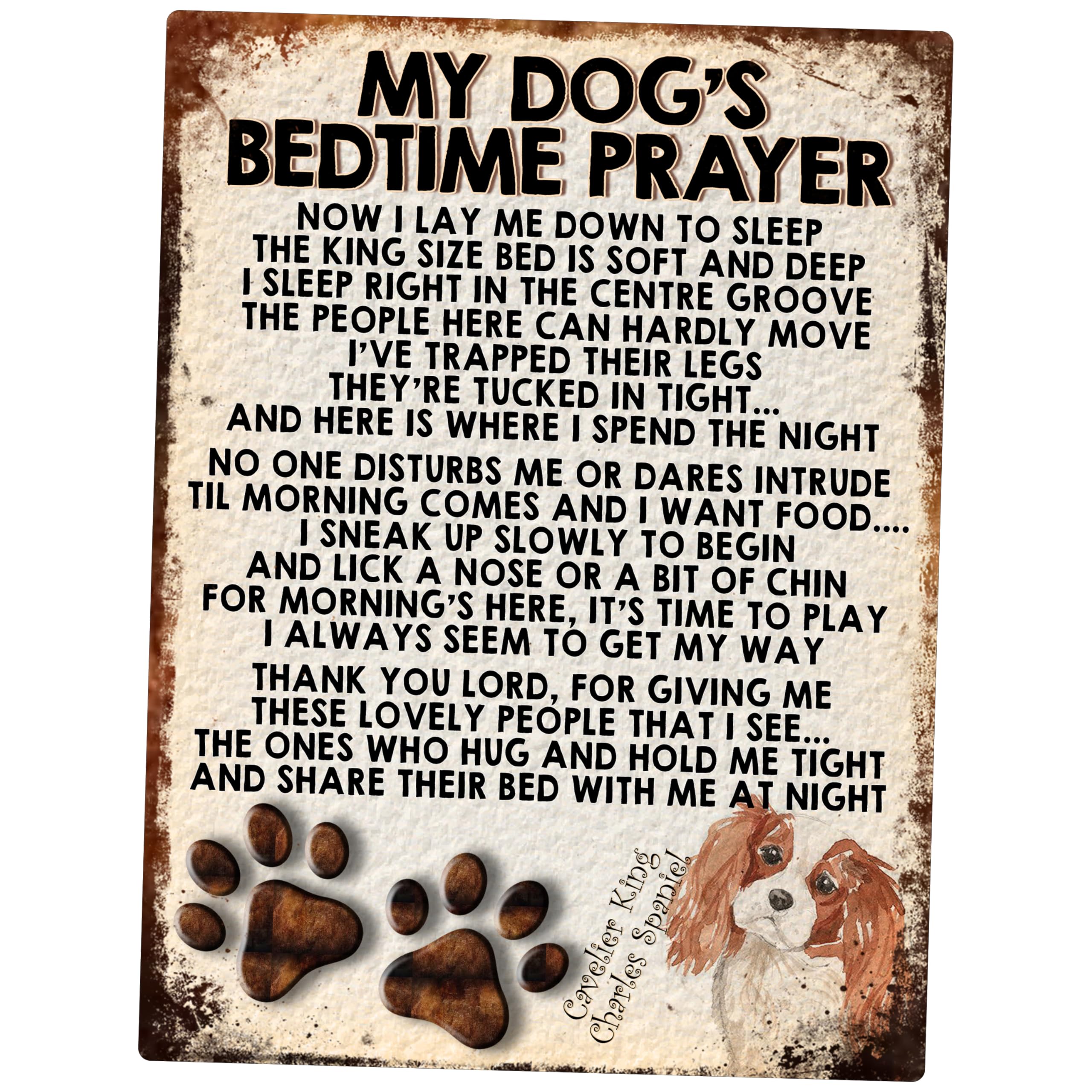 MY DOG'S BEDTIME PRAYER RETRO STYLE METAL TIN SIGN/PLAQUE DOG BREEDS (CAVALIE King Charles SPANIEL BROWN/WHITE)