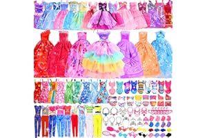 PURPERCAT 91 Pack Doll Clothes and Accessories, 5 Wedding Gowns 5 Fashion Dresses 3 Tops 3 Pants 3 Bikini Swimsuits 4 Slip Dress 20 Shoes 40 Hangers 8 Accessories for 11-12 Inch Dolls Gift for Ages 6 7 8 9 10