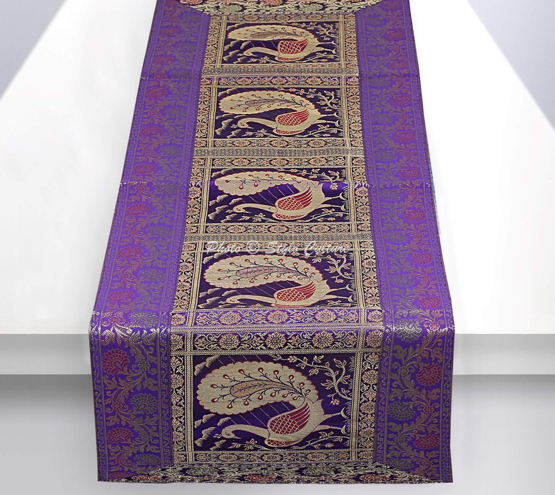 Stylo Culture Indian Dining Room Table Runner Purple Gold Peacock Floral Brocade Jacquard Rectangle Home Decor Ethnic Center Table Cloth | 60x16 Inches ( 152 x 40 cm)