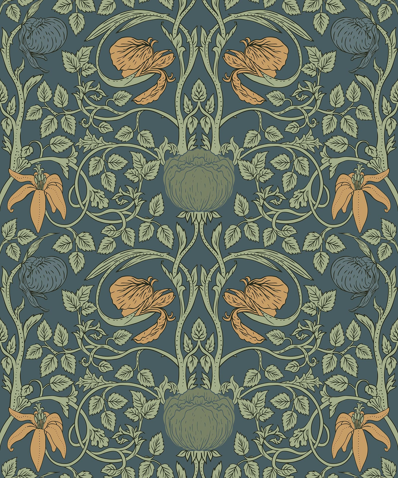 Photo 1 of Livelynine Vintage Floral Wallpaper Peel and Stick William Morris Golden Lily Green Blue Victorian Antique Wall Paper Prepasted Dark Floral Contact Paper for Cabinets Waterproof Leaf Flower 17.5x78.8