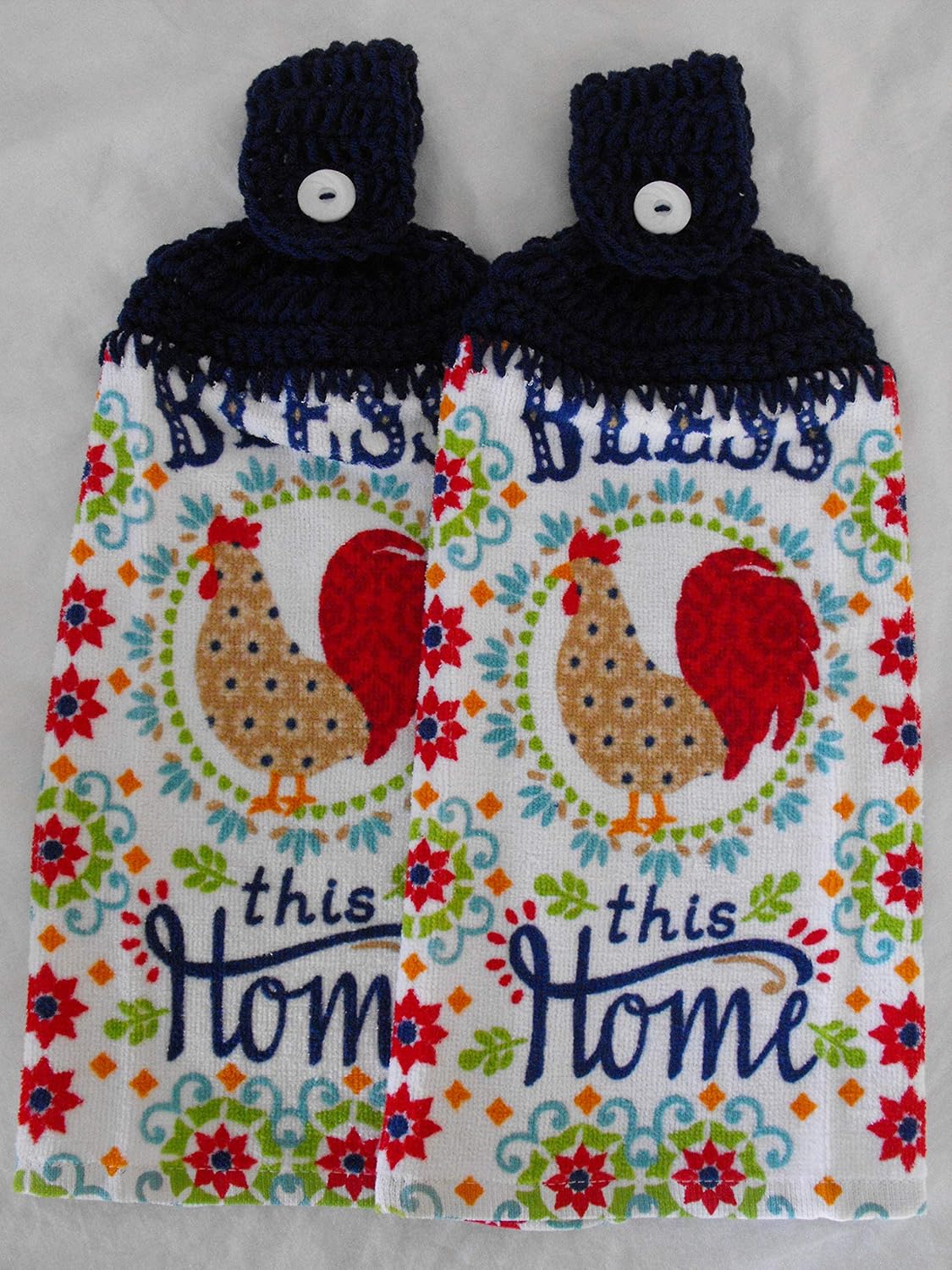 BLESS THIS HOME RED ROOSTER - 2 HANGING KITCHEN TOWELS