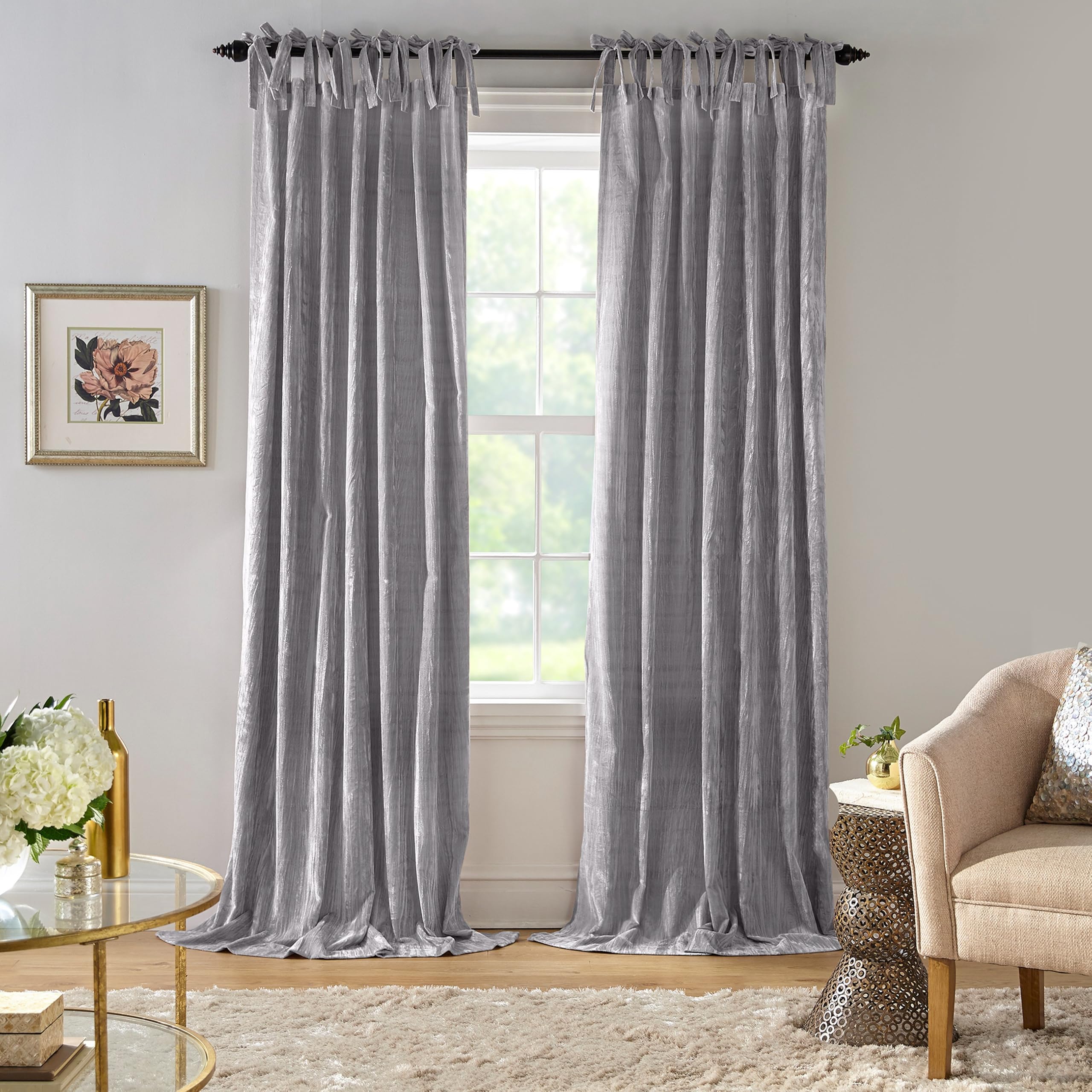Elrene Home Fashions Korena Tie-Top Crushed Velvet Curtain - Rustic-Chic Living Room and Bedroom, 50x95 inches, Grey