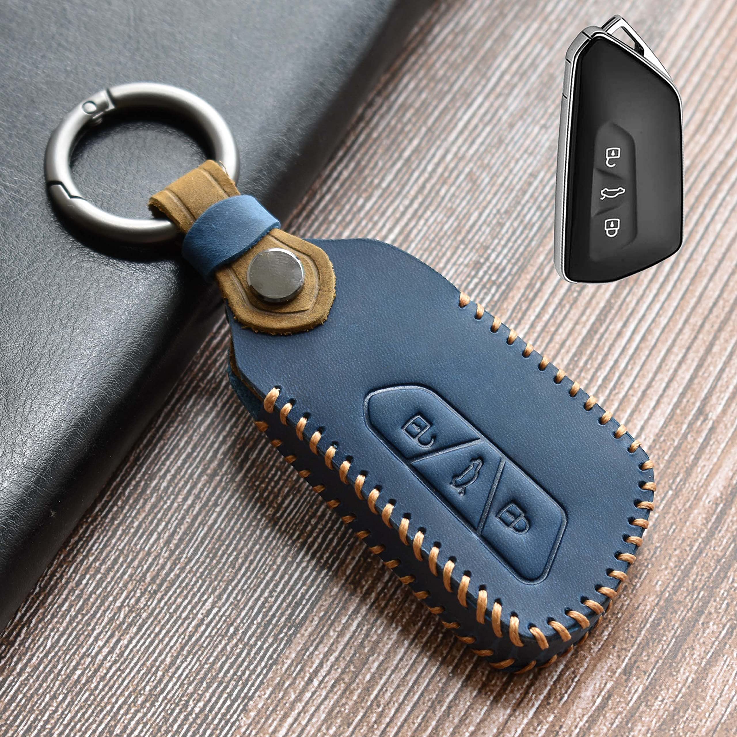 HIBEYO Smart car key case suitable for VW Golf 8 protective remote key cover for Skoda Octavia Seat Leon MK4 3-button key housing with leather key fob B blue