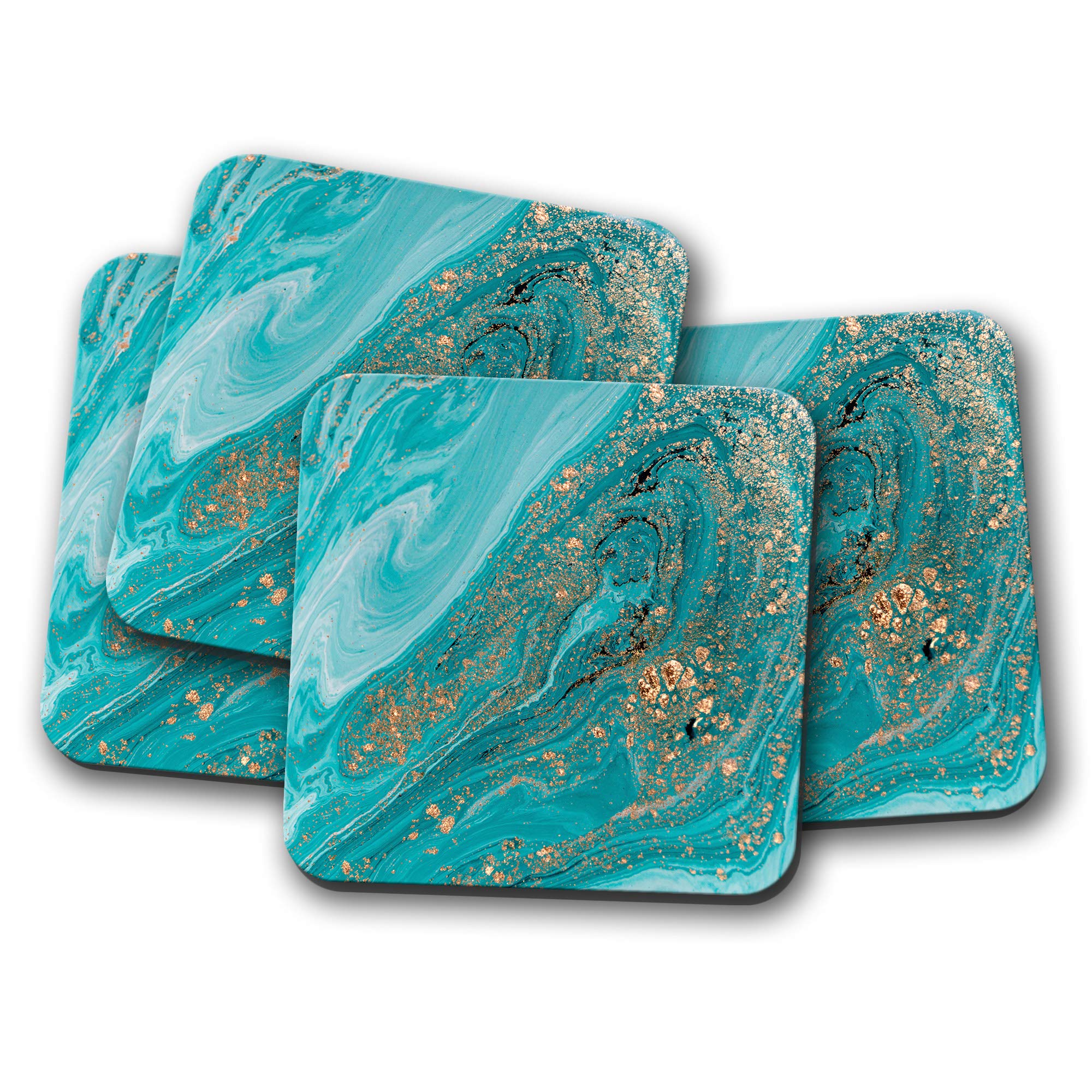 4 Set - Turquoise Marble Coaster - Gold Glitter Ooze Rock Stone Fun Gift #15196