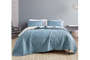 ESCA Serilda Blue Bedspread Set Queen Size, 3-Piece Reversible Grey Quilt Set