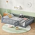 Bellemave Floor Bed Full Size Montessori Bed Frame with Fence and Door, Wooden Full Platform Bed for Kids, Boys Girls, Solid Wood Full Bed, No Box Spring Needed (Grey)