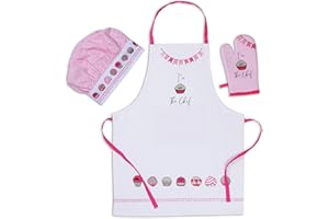 AMOUR INFINI 100% Cotton 3-Piece Kids Chef Hat and Apron Oven Mitts, and Chef Hats Cooking, Grilling, Gift for Girls, Boys