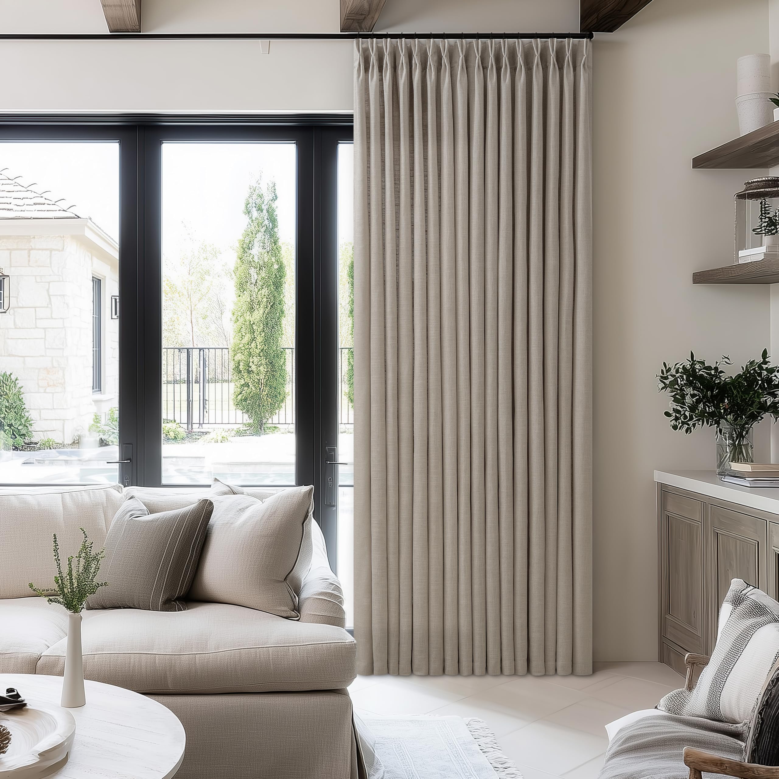 Photo 1 of 70 Inch Width Taupe Curtains 90 Inches Long Linen Curtains Pinch Pleated 90 Inch Length for Living Room Bedroom Semi Sheer Back Tab Hooks Rings Pinch Pleat Patio Glass Door 1 Panel Burlywood Birch
