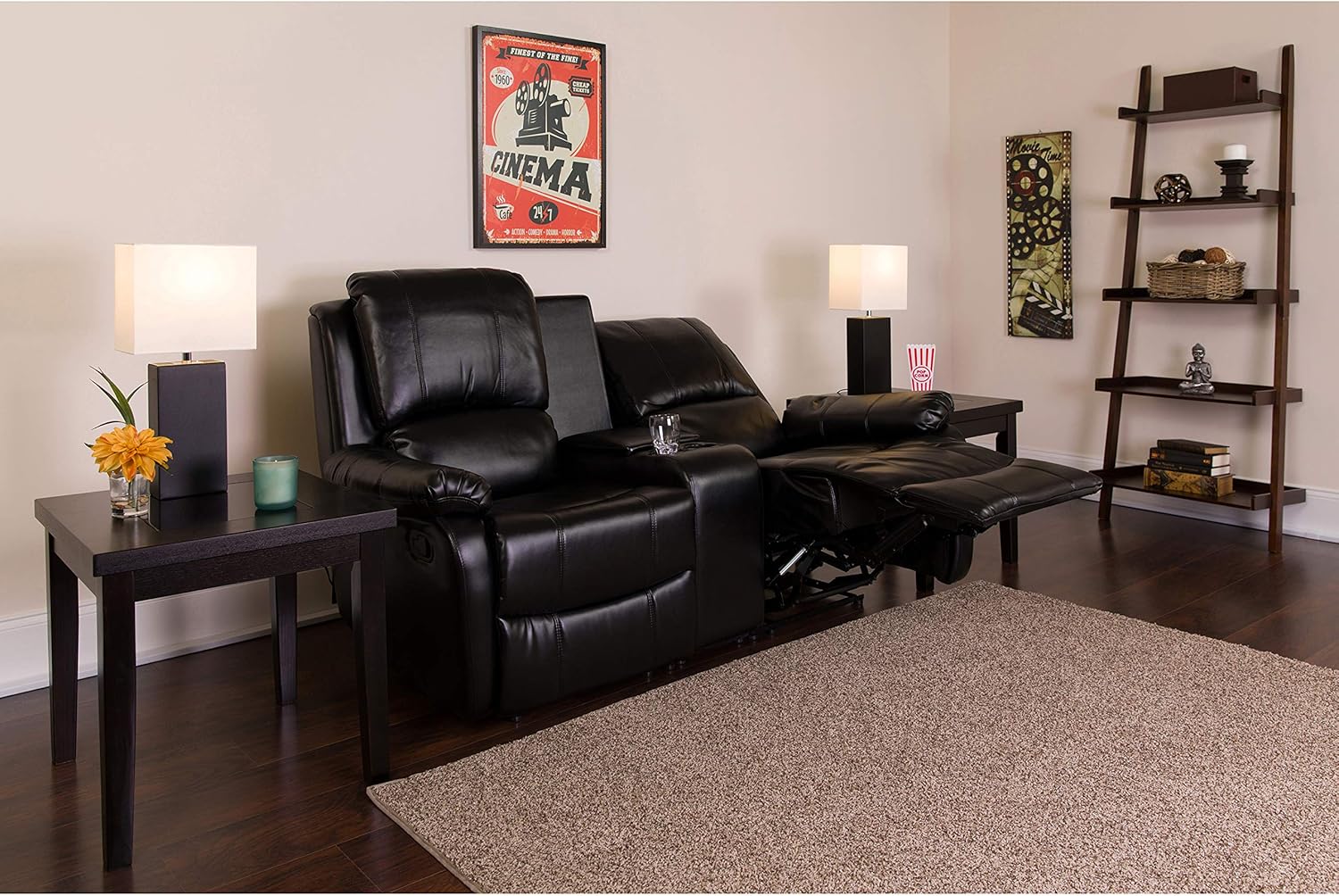 Flash Furniture Allure Series 2-Seat Reclining Pillow Back Black LeatherSoft Theater Seating Unit with Cup Holders: Furniture & Decor