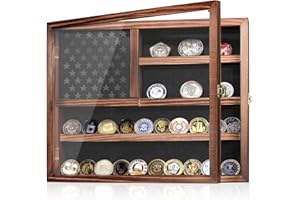 MOCAS Challenge Coin Display Case, Lockable Military Coin Holder Cabinet with Removable Star Board & HD Tempered Glass Door, Solid Wood Wall Mount Coins Collection Rack Stand