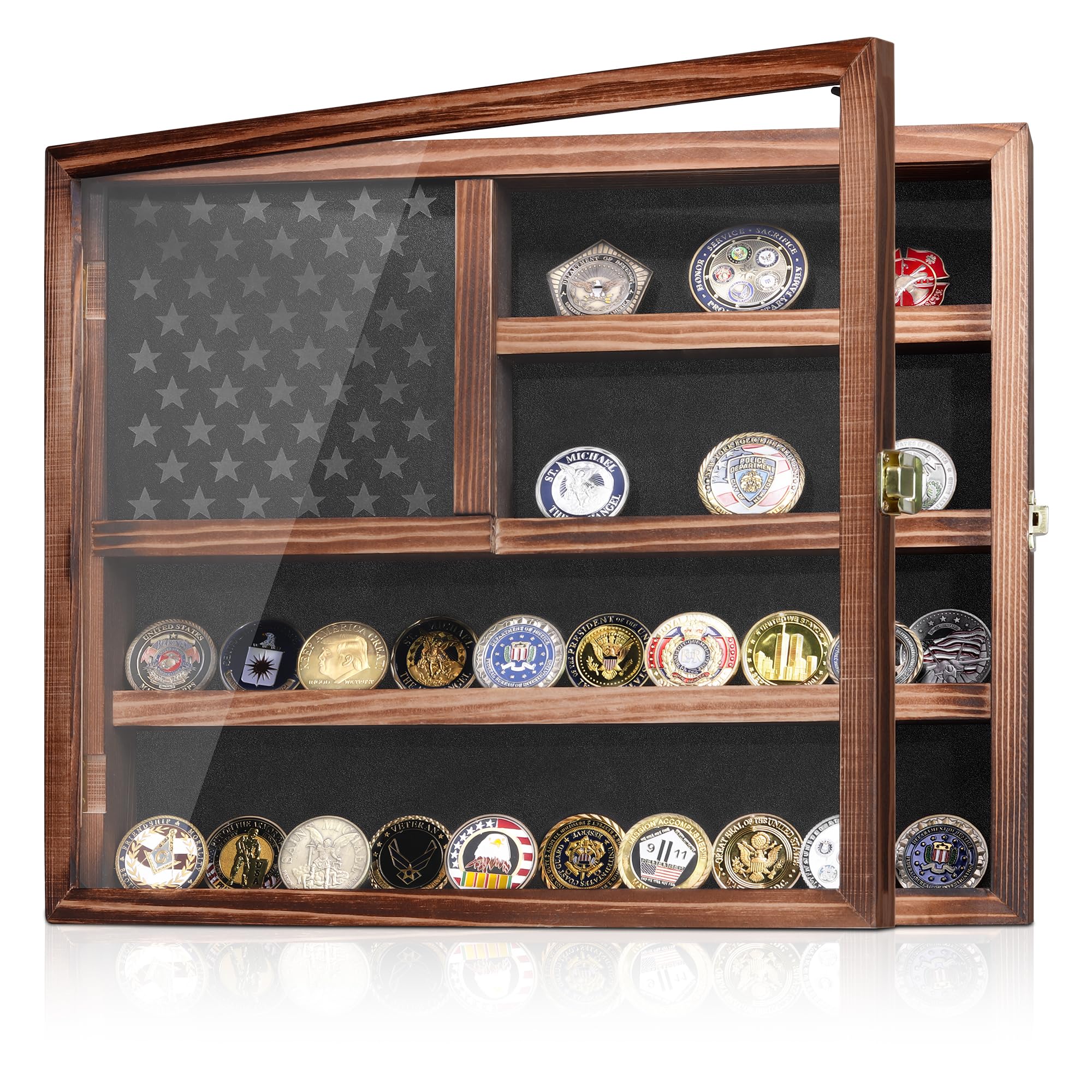 Photo 1 of MOCAS Challenge Coin Display Case, Lockable Military Coin Holder Cabinet with Removable Star Board & HD Tempered Glass Door, Solid Wood Wall Mount Coins Collection Rack Stand