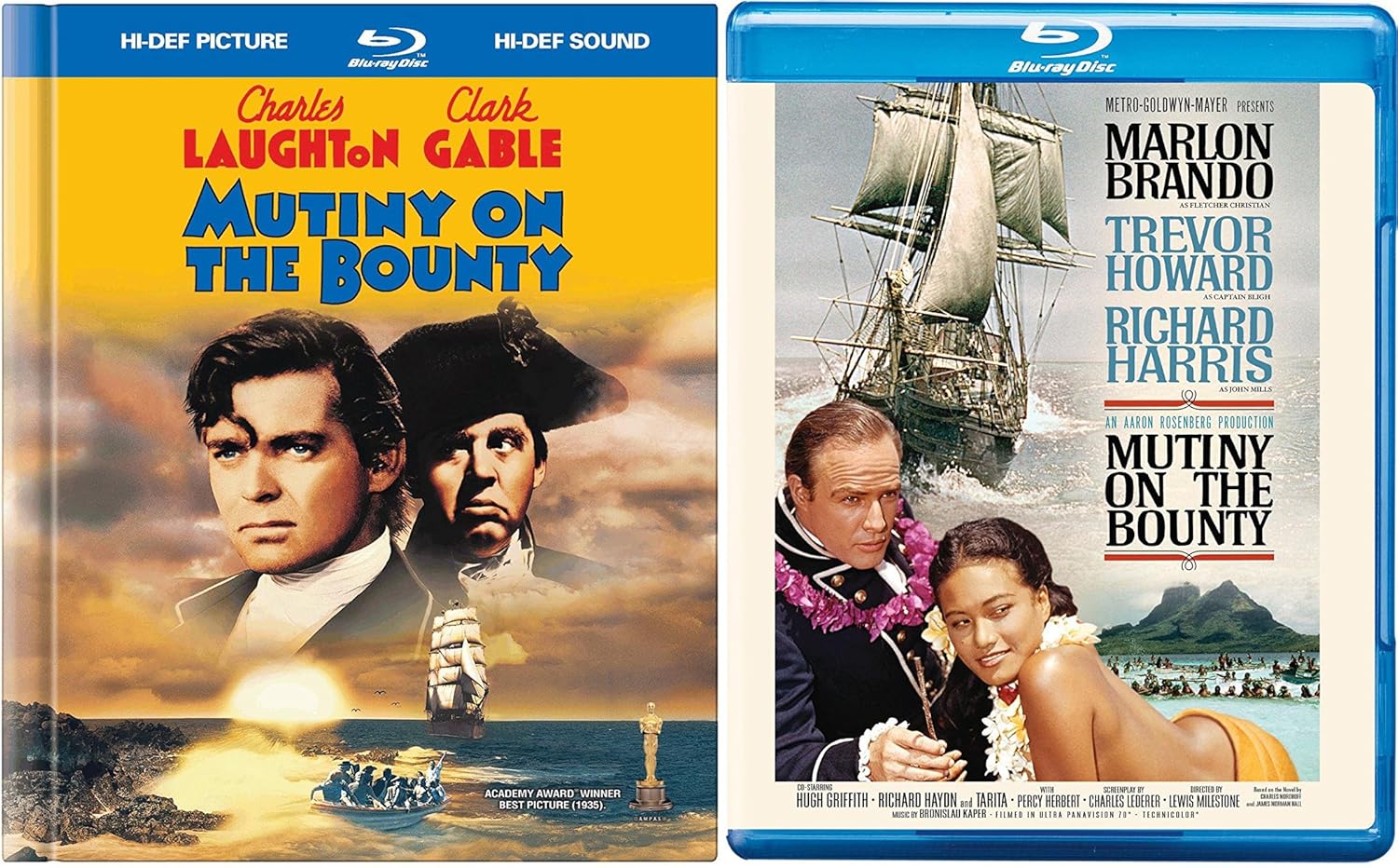 Mutiny on the Bounty (1935) Blu Ray Book Edition + 1962 Marlon Brando War 2 Pack Military Movie Action Double Feature Clark Gable Set