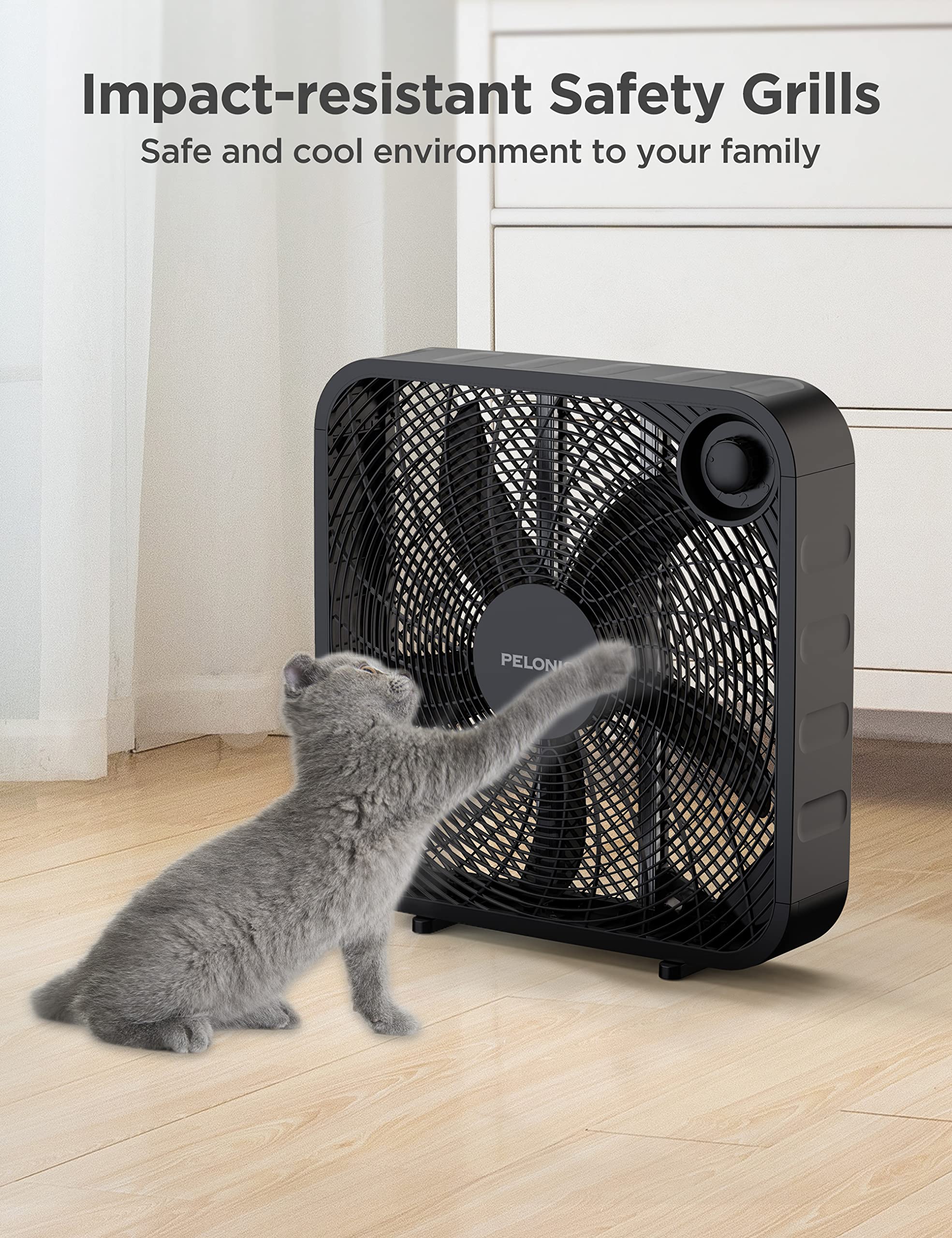 Pelonis Box Fan 20 Inch – Adjustable 3 Speeds For the Perfect Noise Level for Sleeping – 4 Blade Technology Provides Powerful Airflow to Beat the Heat – Sleek Design, Lightweight, Durable, Black