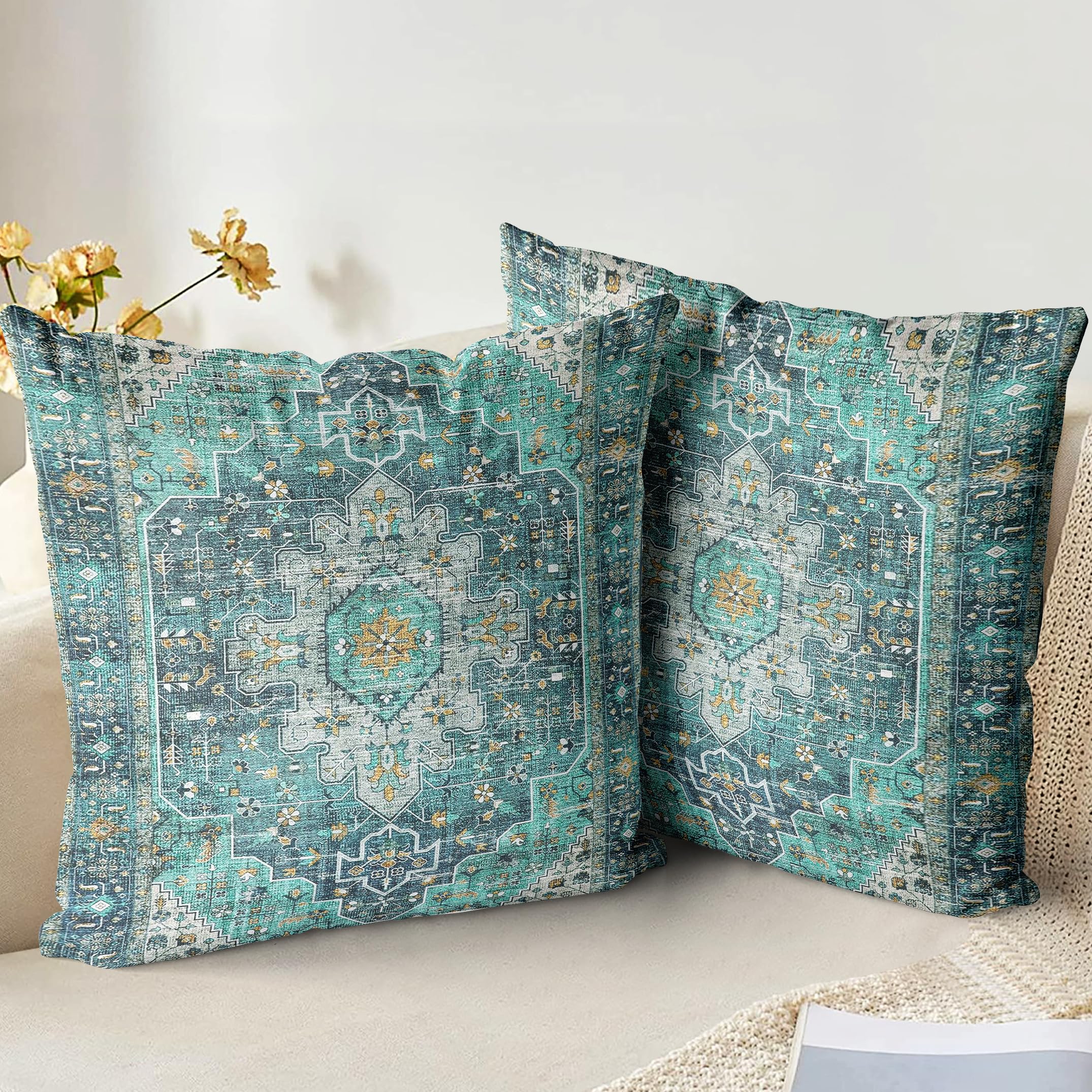 XPHZZL Cushion Covers 45cm x 45cm Set of 2 Soft Decorative Square Throw Pillow Case Boho Pillowcases for Sofa Bedroom Outdoor Home Office Car Decor with Invisible Zipper - Teal/Multi