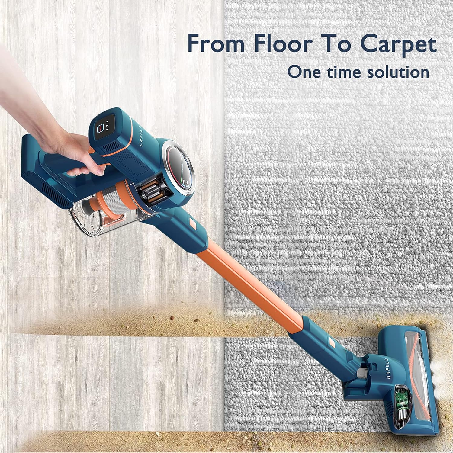 ORFELD Cordless Vacuum Cleaner, 24000Pa Powerful Suction Stick Vacuum 40 mins Runtime, 3 Cleaning Modes, 5 in 1 Ultra-Quiet Handheld Vac Self-Standing for Hard Floor Car Pet Hair -