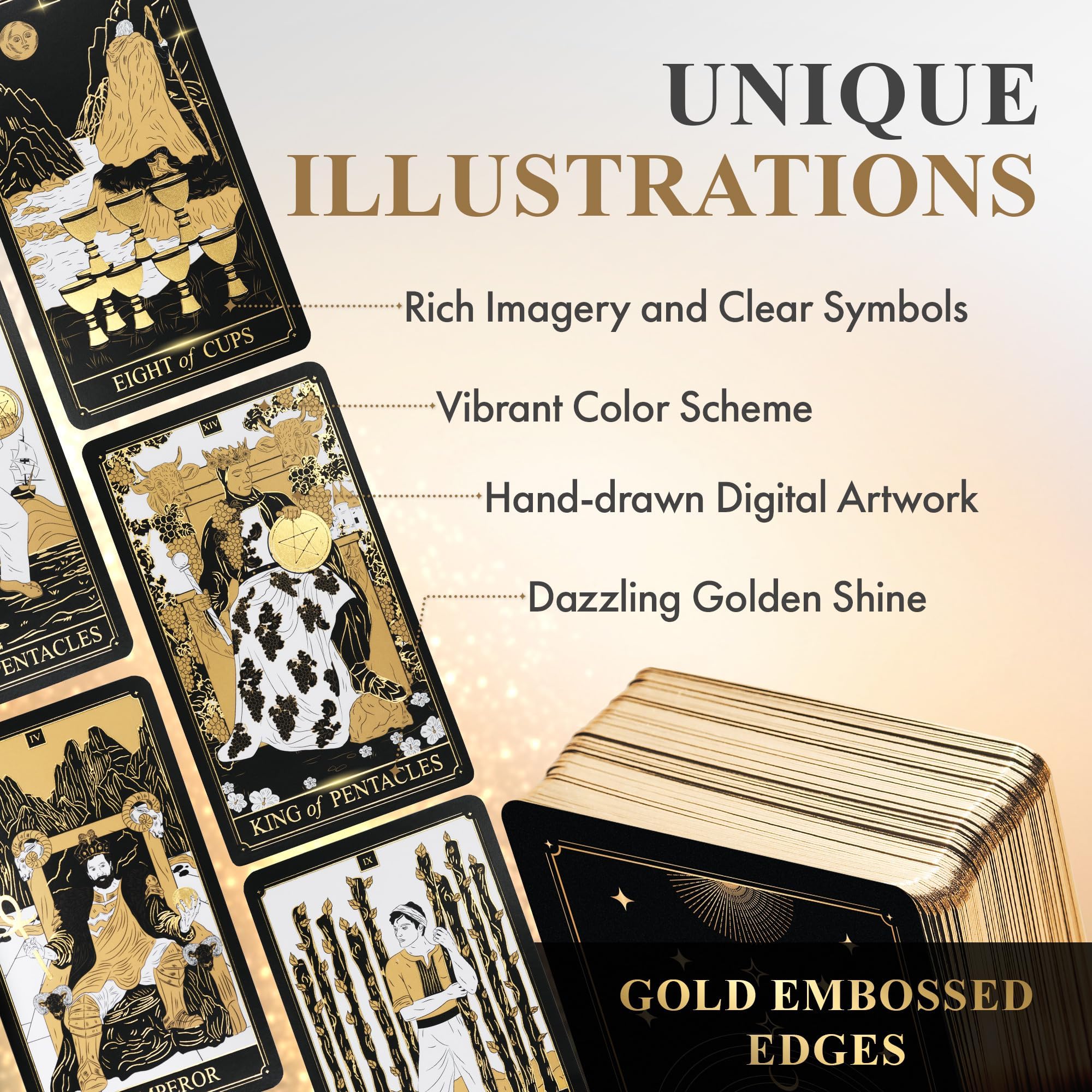 Wyspell Classic Tarot Cards with Guide Book - 78 Gold Cards for Beginners - Black Tarot Decks with Guidebook - Original Cards Deck with Guidebook