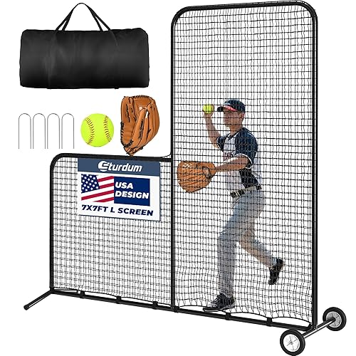 Sturdum Baseball L Screen with Wheels for Batting Cage, 7x7ft Pitcher Protector Net for Pitchers Protection, Includes Pitchers Glove,Training Ball, Portable Carry Bag