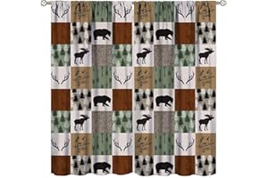 Llylumty Rustic Patchwork Blackout Curtains, Bear Moose Curtains & Drapes for Kids Boys Teens Adult, Farmhouse Hunting Deer Boho Arrows Buffalo Plaid Window Brown Green 21x45in,2 Panel Set