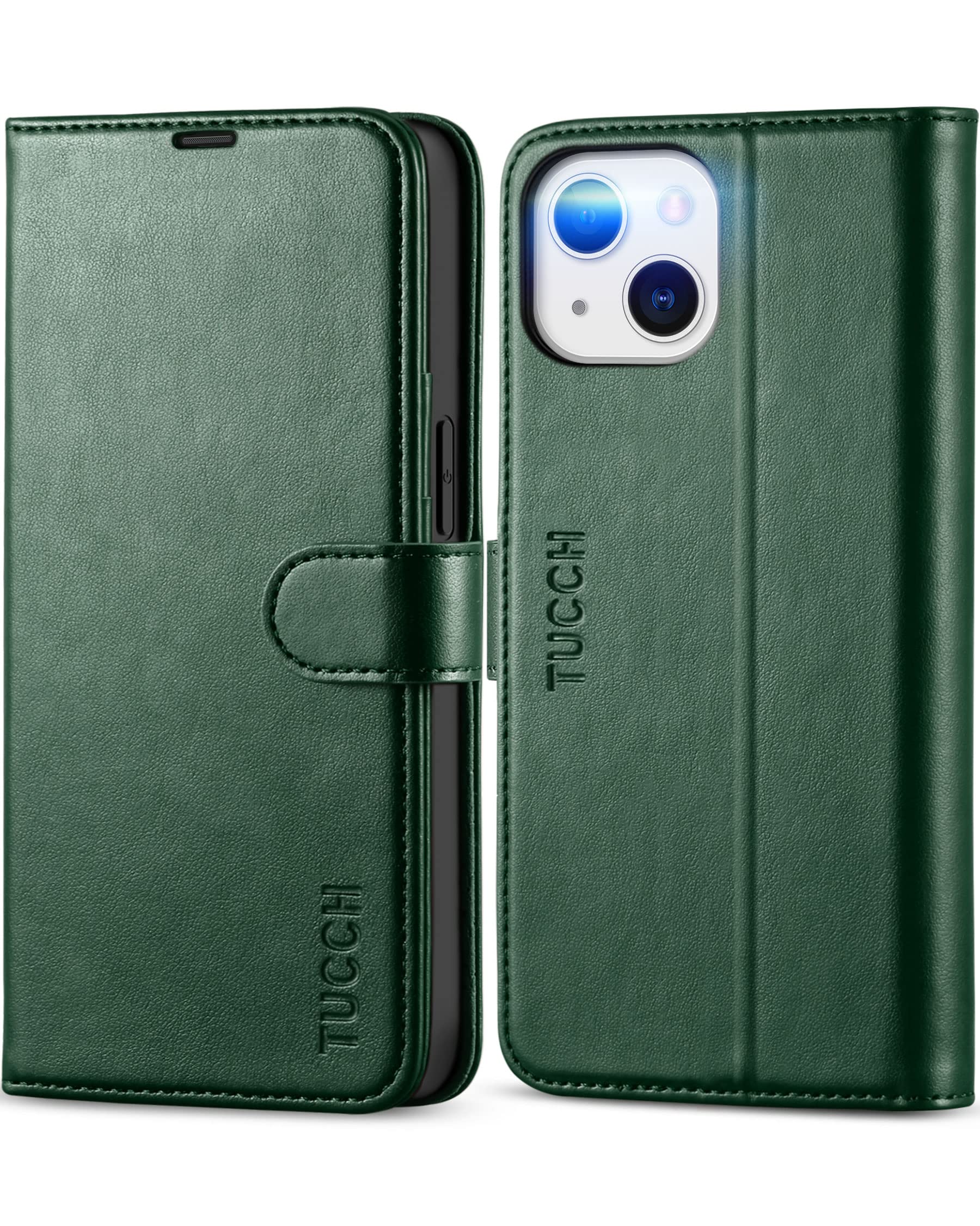 TUCCH Case for iPhone 13 (6.1") 2021 5G, Magnetic PU Leather Wallet Kickstand Folio Cover with [Shockproof Protective TPU][RFID Blocking][Card Holders] Compatible with iPhone 13, Midnight Green — image 1