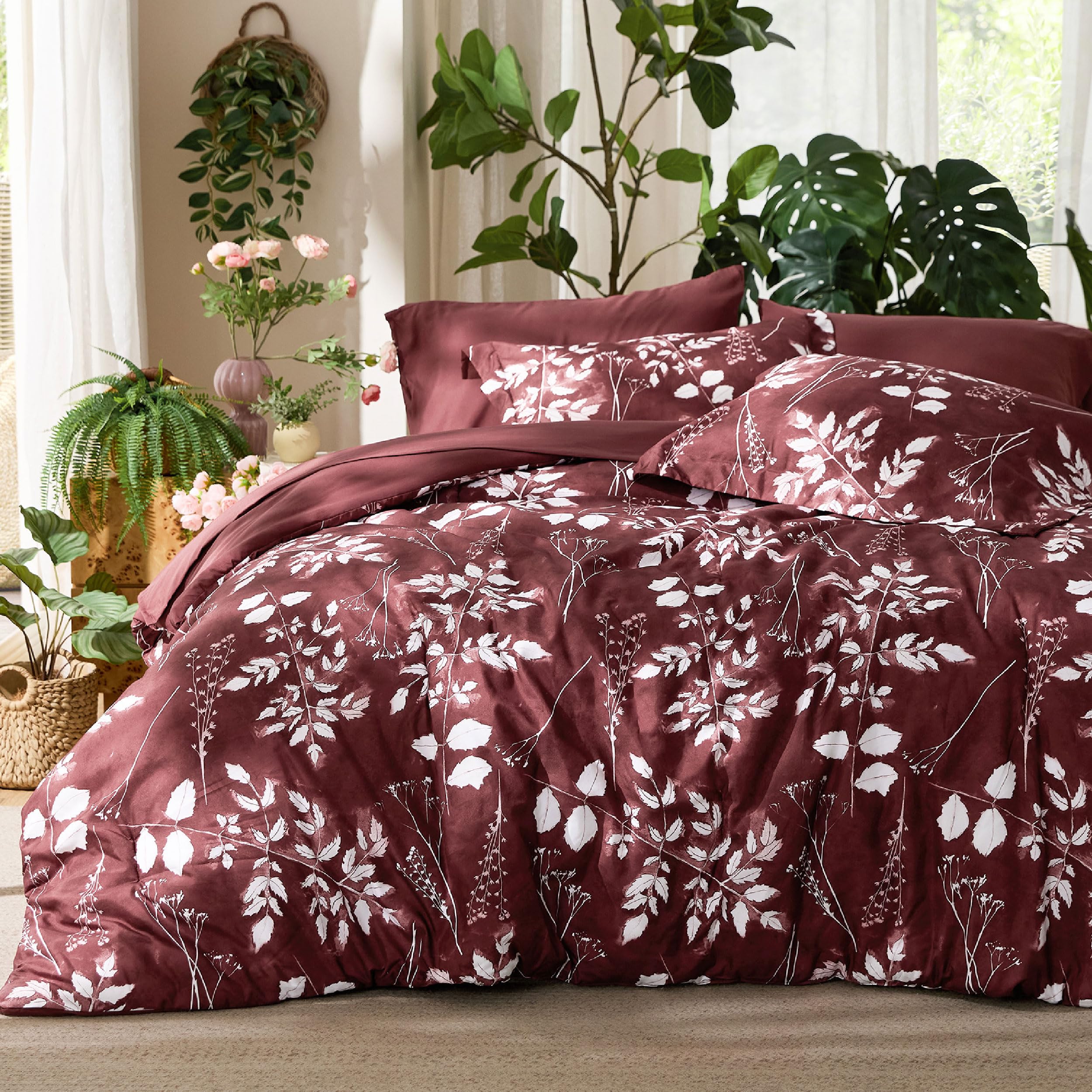 Bedsure Full Size Comforter Set - 7 Pieces Floral Burgundy Soft Bedding Sets, Full Bed in a Bag with Botanical Flowers Comforter, Sheets, Pillowcases & Shams Image