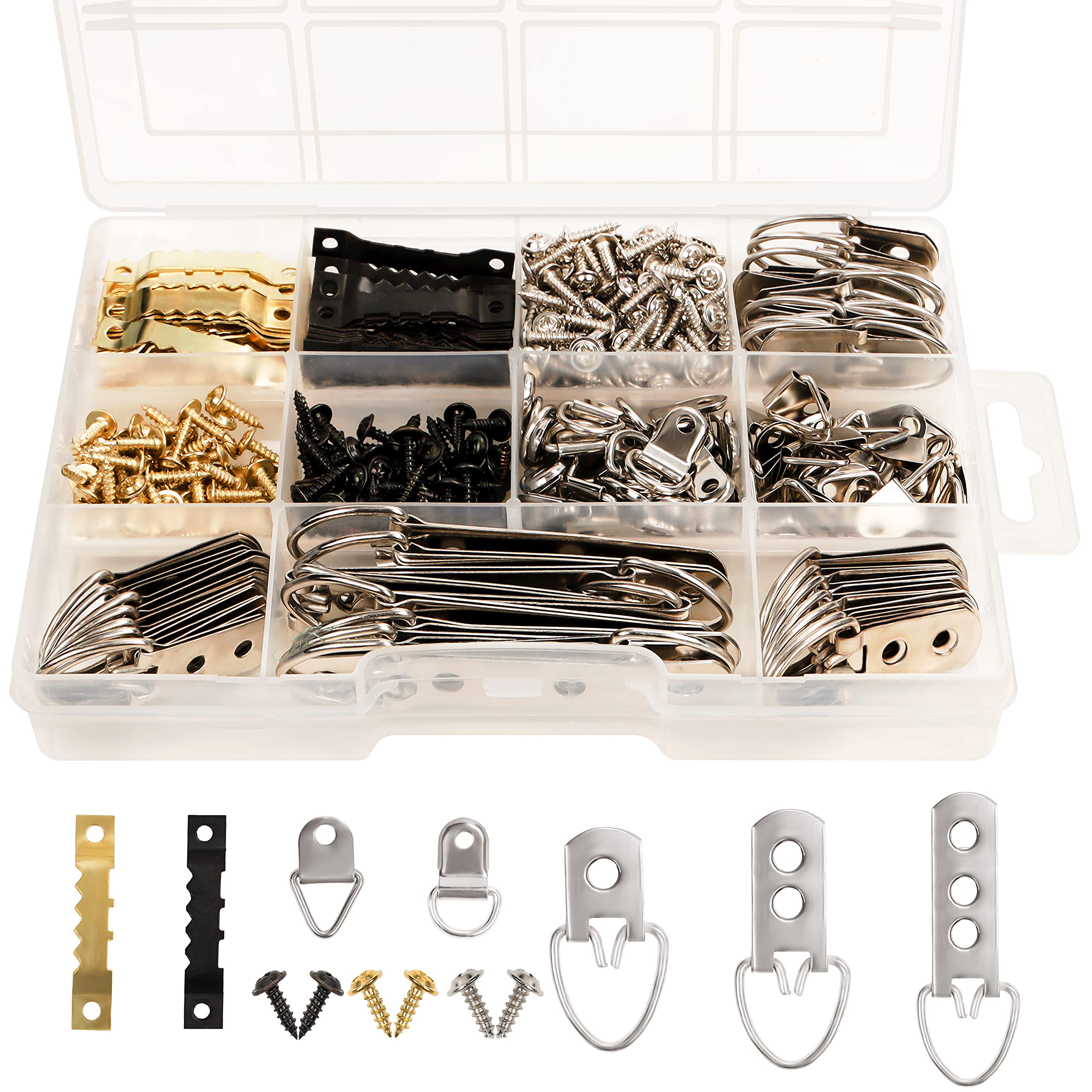 Belle Vous Picture Hanging Kit (415 Pack) - Heavy Duty Sawtooth Hardware, Assorted D-Ring Hangers & Fixing Screws - Wall Mounting Picture Frame Hooks for Art, Mirror Frames, Clocks & Bulletin Boards