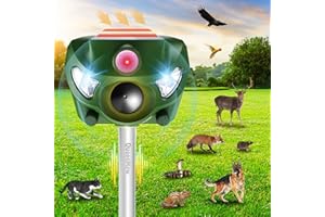 Solar Powered Animal Deterent, Ultrasonic Animals Control Device with Motion Sensor and FIashing Light, Waterproof Outdoor An