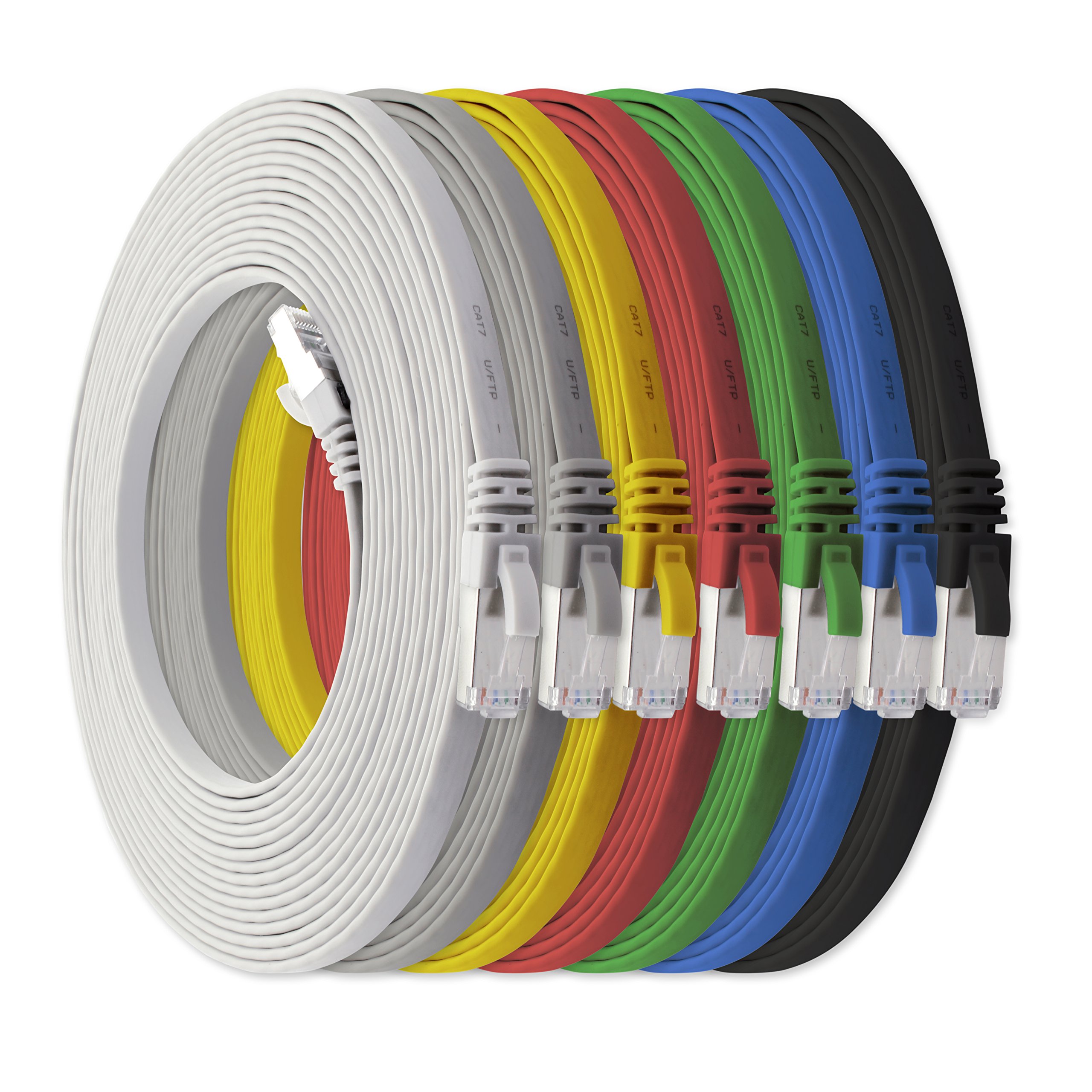 1aTTack.de 7.5 m - 7 colors - 7 pieces Cat7 flat cable network cable Cat 7 raw cable Gigabit Lan (10Gbit/s) ribbon cable installation cable patch cable flat slim Rj 45 plug Cat6a