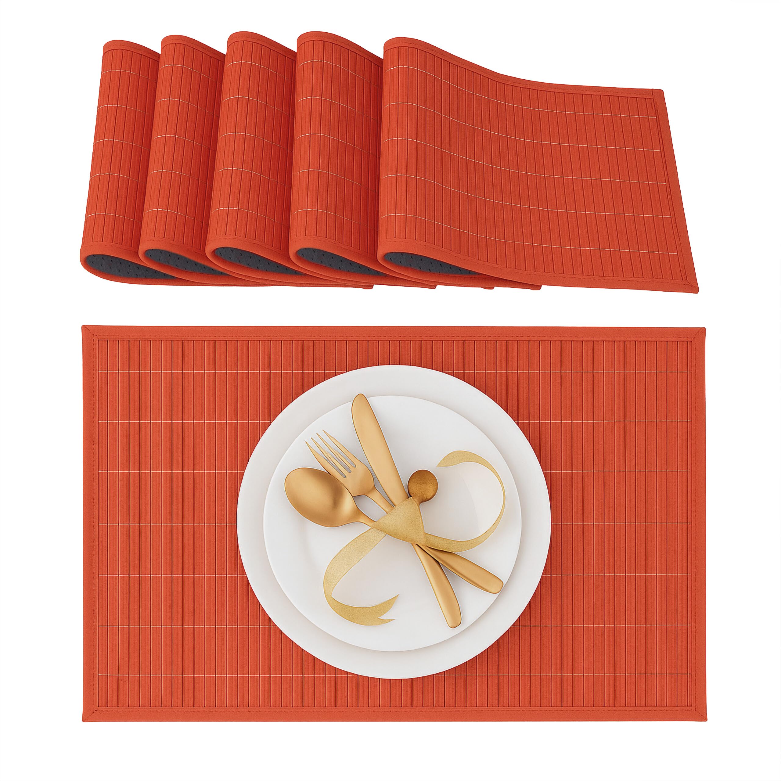 Relaxdays Place Mat Set, 6x Coaster, Tableware, Drinks, Table Protector, Square, 45 x 30 cm, Bamboo, Stylish, Red