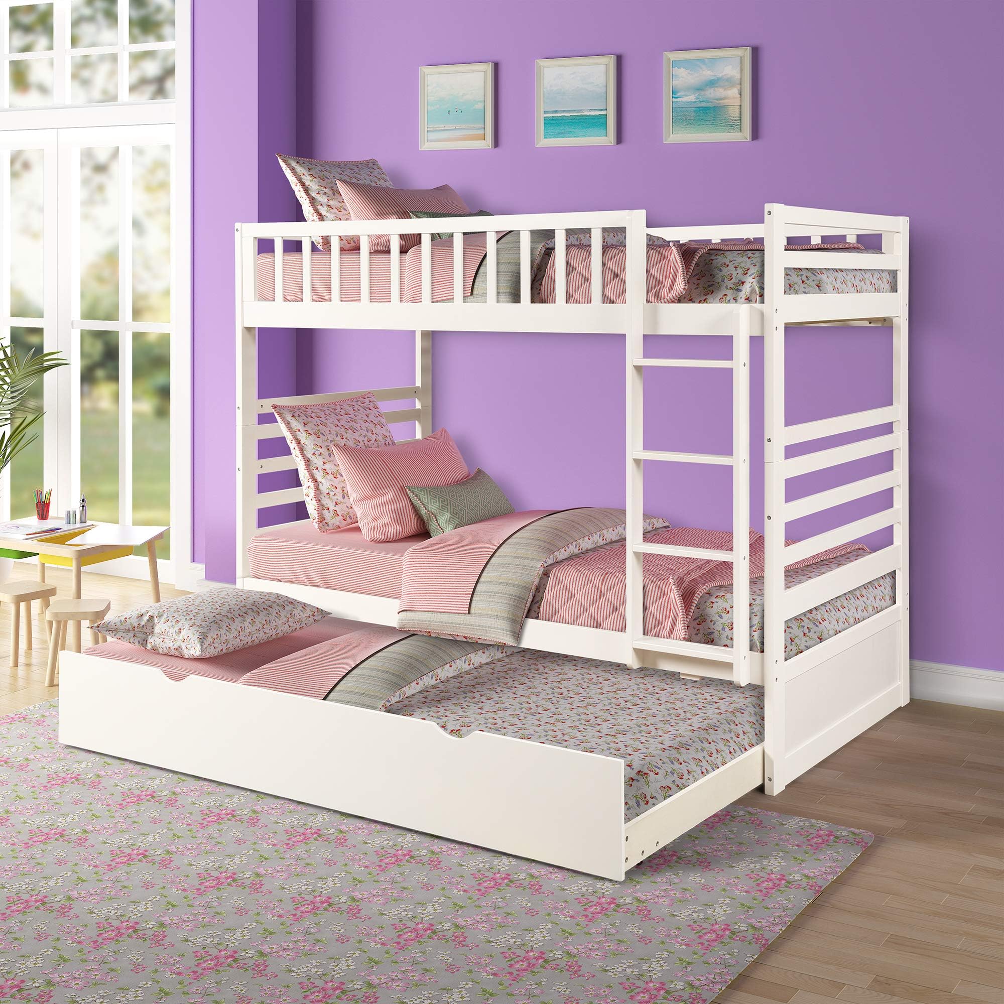 Bunk Beds for Kids, Over Twin Bed with Trundle, Wooden Twin Bed with Drawer and Safety Rail Ladder, Teens Bedroom Bed, Guest Room Furniture (White)