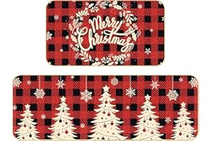 Sawowkuya Merry Christmas Buffalo Plaid Kitchen Rug Set of 2,17x29 17x47 Inches Red Black Plaid Waterproof Non-Slip Absorbent Christmas Kitchen Mats for Home Kitchen Door Bathroom