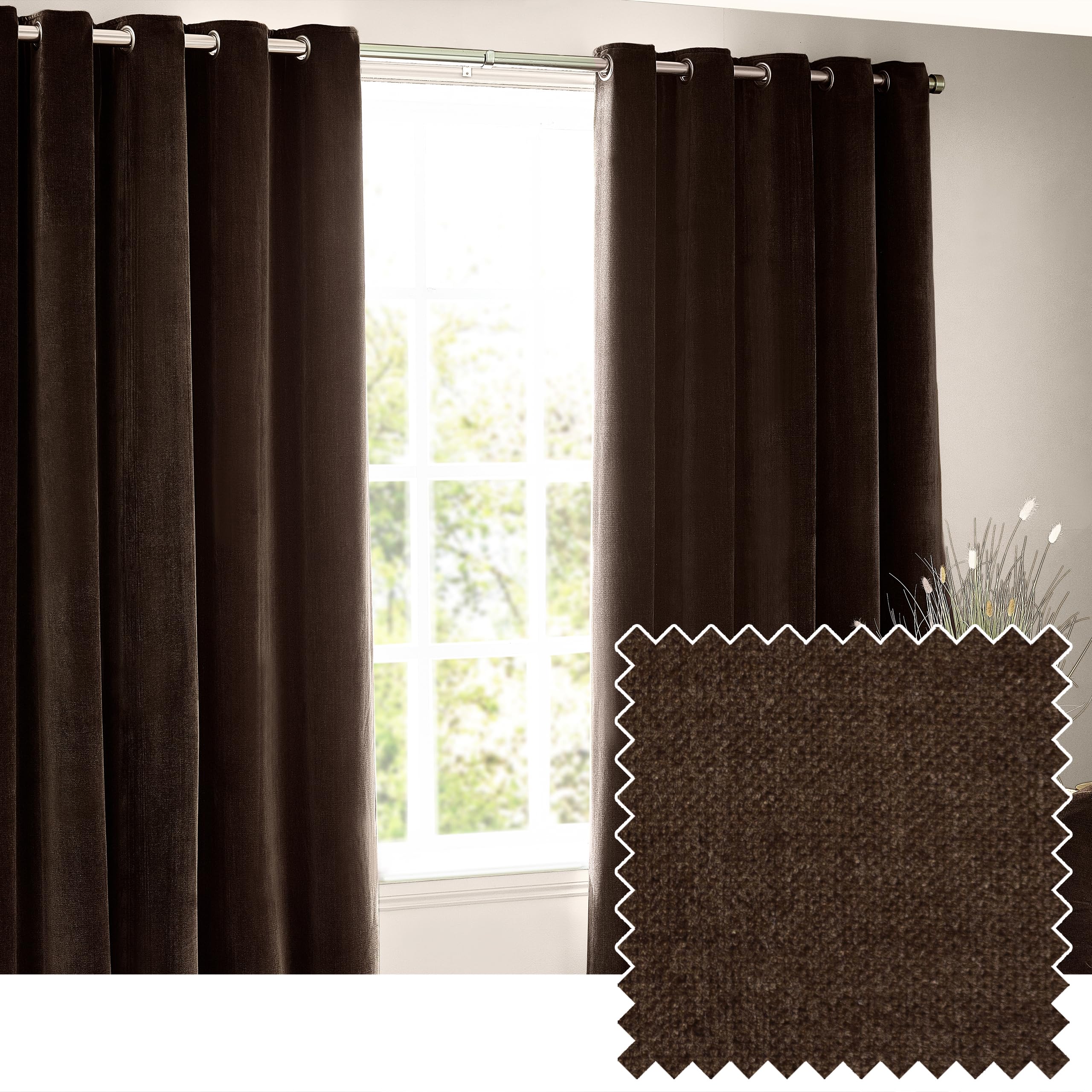 Yard Heavy Chenille Eyelet Curtain Pair – Lined Room Darkening, Soft Velvet Home Décor (Brown - Width 229 x Drop 137cm)