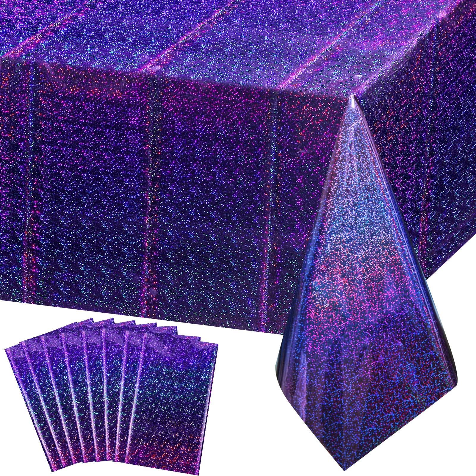 Photo 1 of 8 Pack Iridescence Plastic Tablecloths Shiny Disposable Laser Rectangle Table Covers Holographic Foil Tablecloth Iridescent Party Decoration Birthday Bridal Wedding Christmas 54" x 108"(Purple)