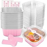 NPLUX 50 Pcs Mini Square Baking Cups with Lids and Spoons Aluminum Foil Mini Cake Pans with Lids Disposable Ramekins Cake Pans Dessert Cups for Wedding Birthday Party(Pink,10oz)