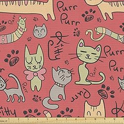 Ambesonne Cat Fabric by The Yard, Pattern with Hand