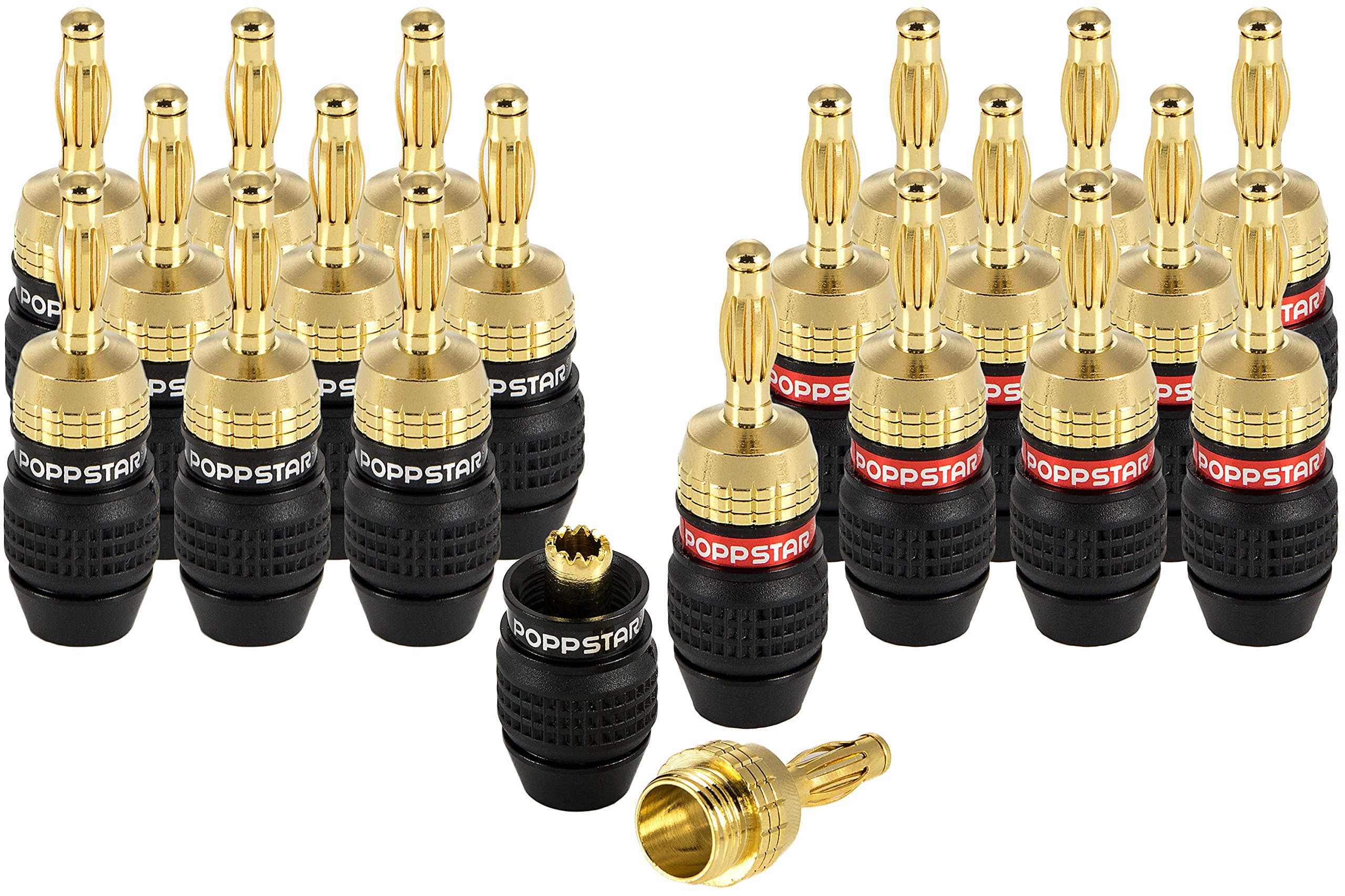 POPPSTAR 20x high end banana plugs (shielded), bananas for speaker cables (up to 6 mm²), speaker, AV receiver, 24k gold-plated (10x black, 10x red)