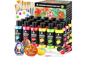 VIGORFUN 40 Pcs Metallic Acrylic Paint Set with 12 Brushes, 2 Knives & Palette, 24 Colors (2oz/60ml) - for Adults, Kids, Artists & Beginners - Canvas Ceramic Rock Wood Pumpkin Painting Kit
