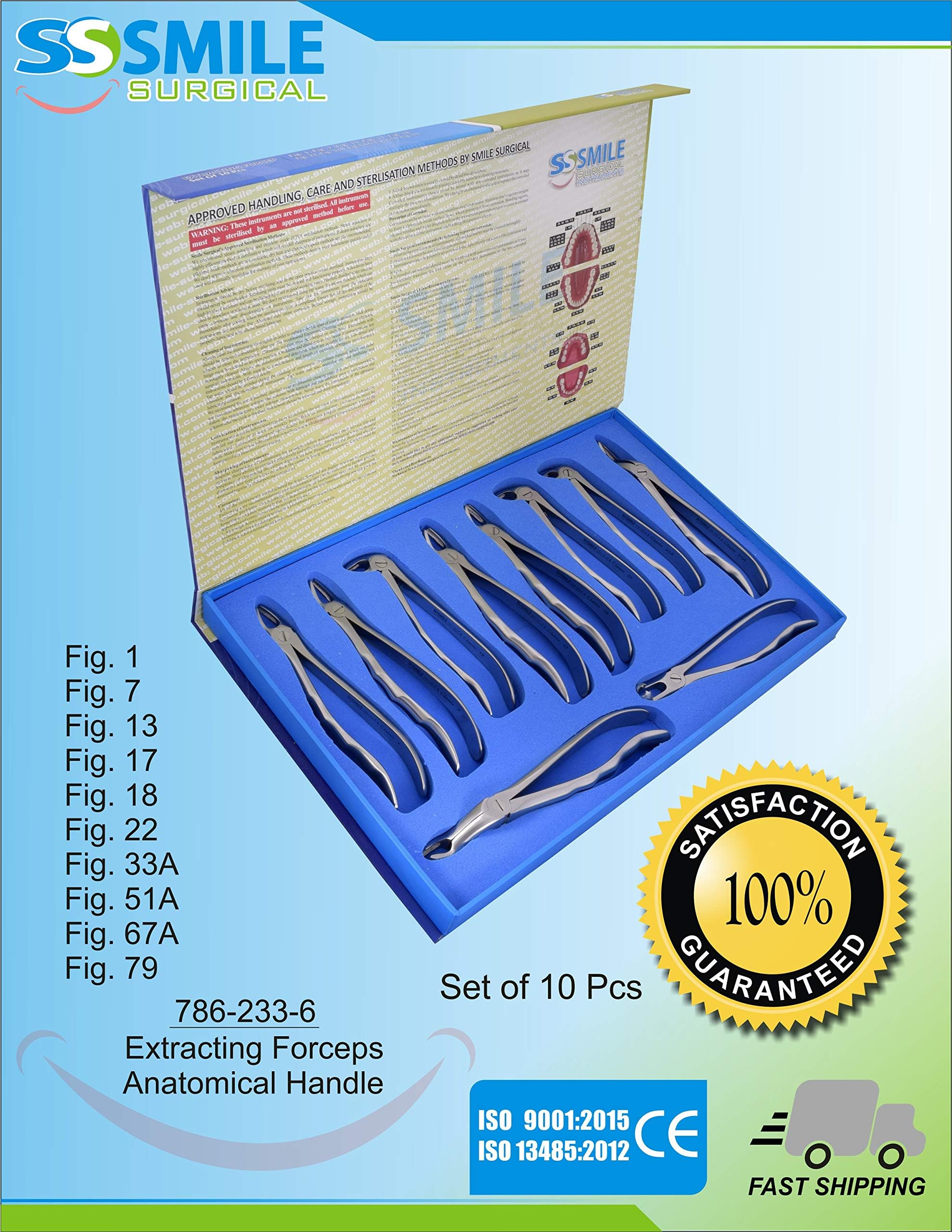 Smile Surgical Dental Extraction Forceps Anatomical Handle Set of 10 Pieces/Dental Care Set/Denture Care Kit/Adult Anatomical Pattern Extraction Forceps Set